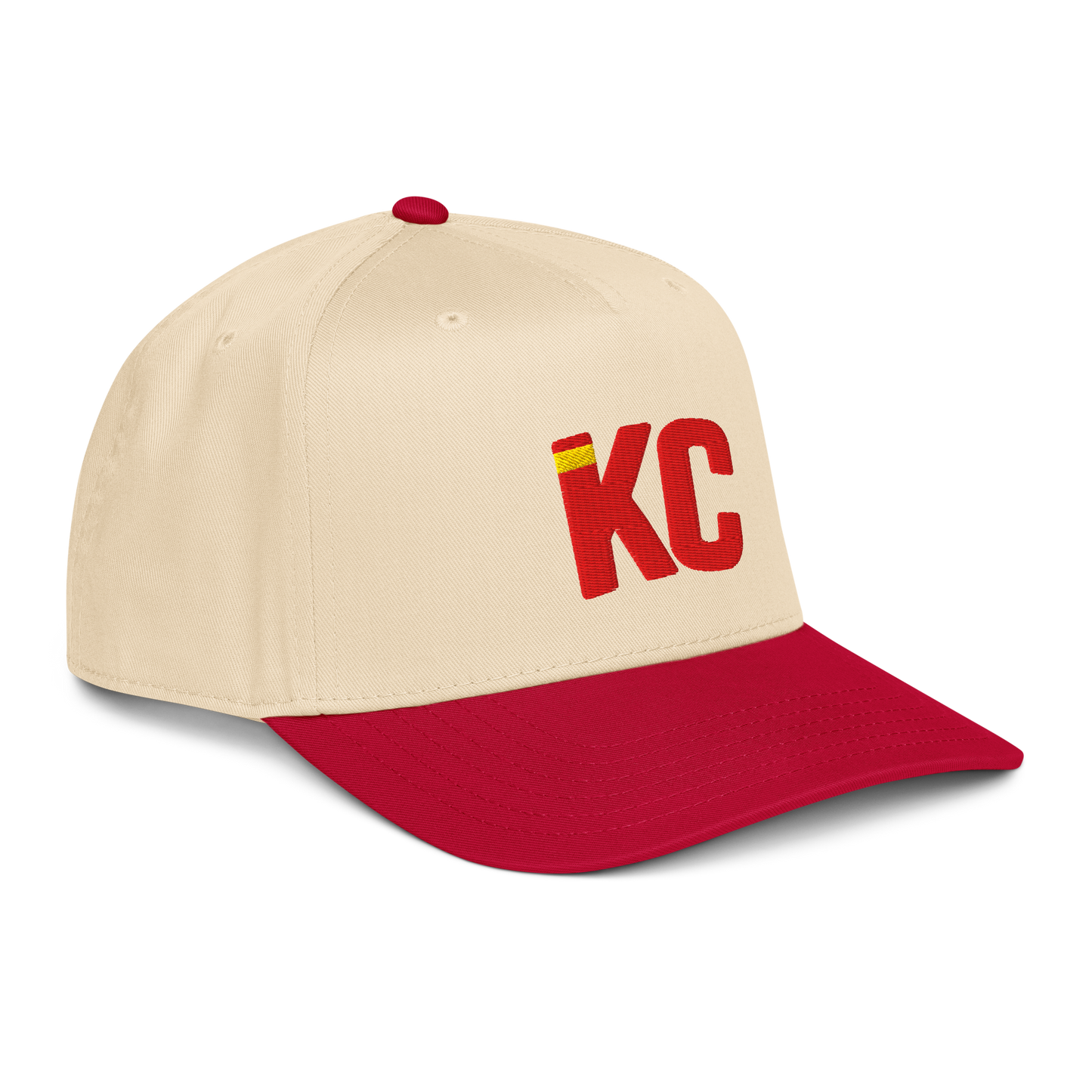 Beige and red cap with 'KC' logo on a white background