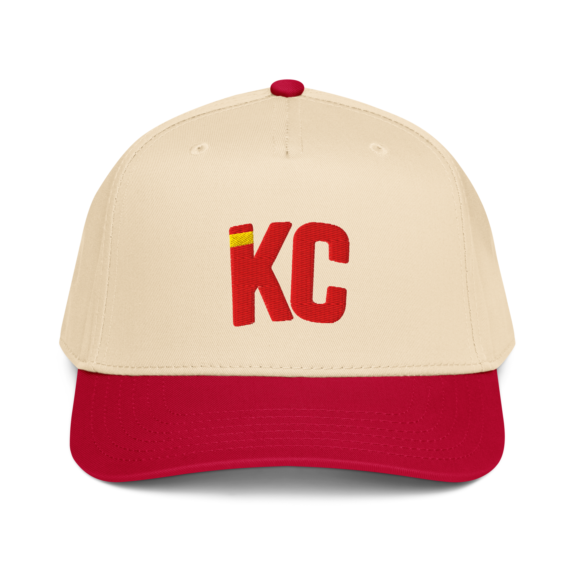 Beige and red baseball cap with 'KC' logo on a white background