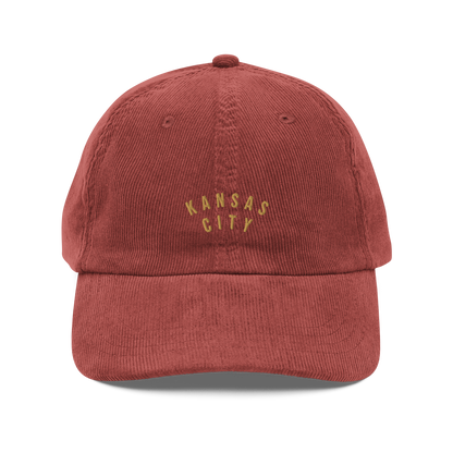 Burgundy corduroy Kansas City hat gold embroidery dad hat
