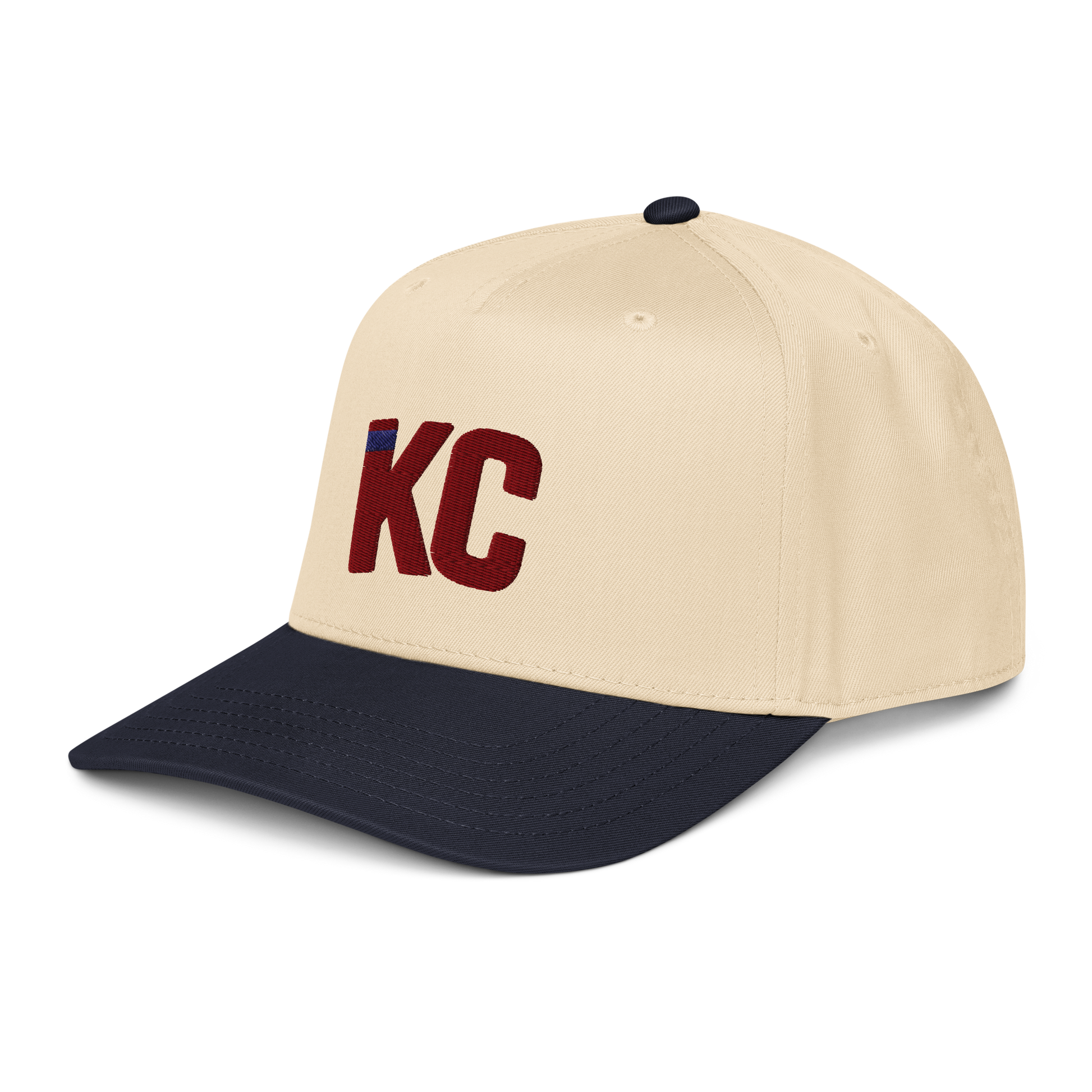 Two-tone natural and navy mid-profile snapback side view