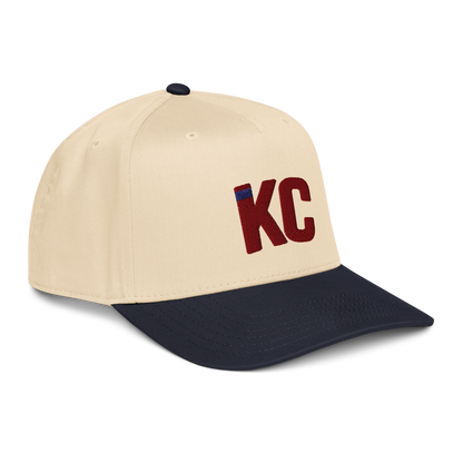 Two-tone natural and navy mid-profile snapback side view
